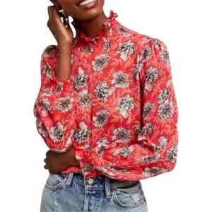Anthropologie Meadow Rue Red Floral Sheer Chiffon Blouse 14 Coquette Feminine